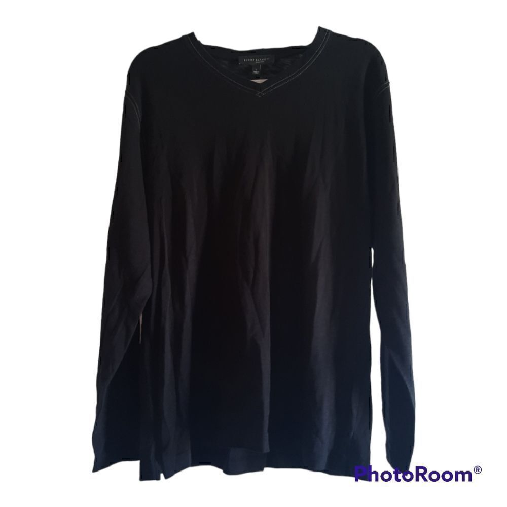 Robert Barakett V-Neck Long-Sleeved T-Shirt Black White Piping